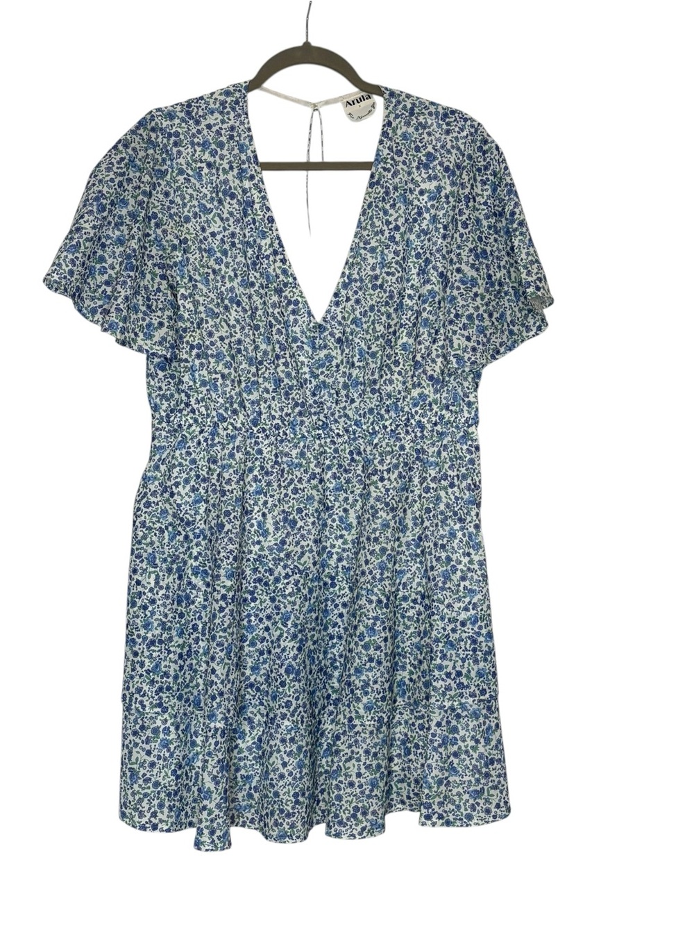 Arula Blue Floral Short Sleeve Layered Mini Dress | XL